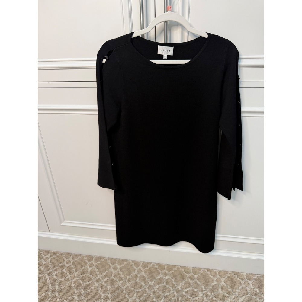 Milly Button Sleeve Dress Womens S Black NEW Split Shoulder Knit Shift